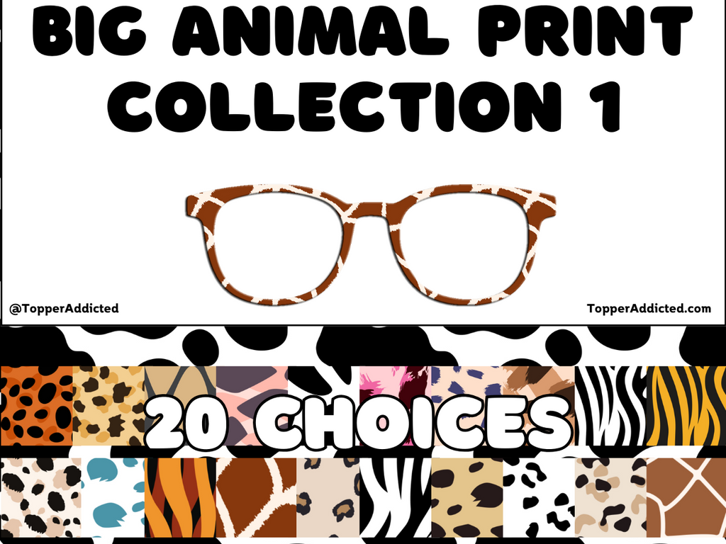 Glasses with animal print pattern and text 'Big Animal Print Collection 1' on a white background