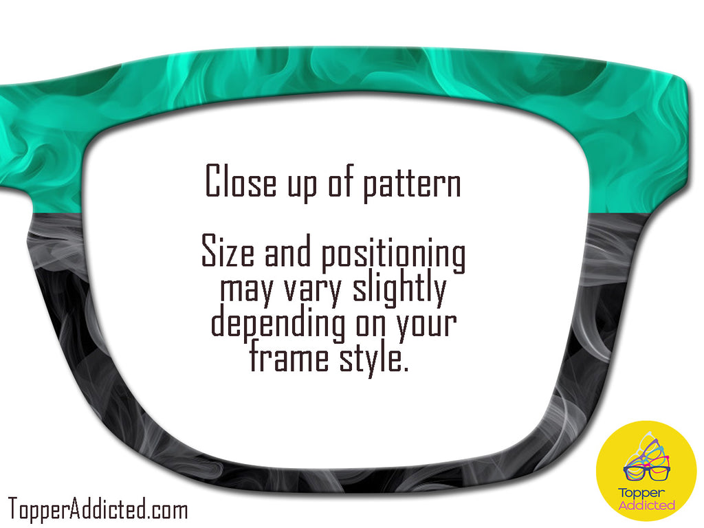Close-up of a patterned eyeglass frame with text indicating size and positioning may vary.