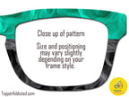 Close-up of a patterned eyeglass frame with text indicating size and positioning may vary.