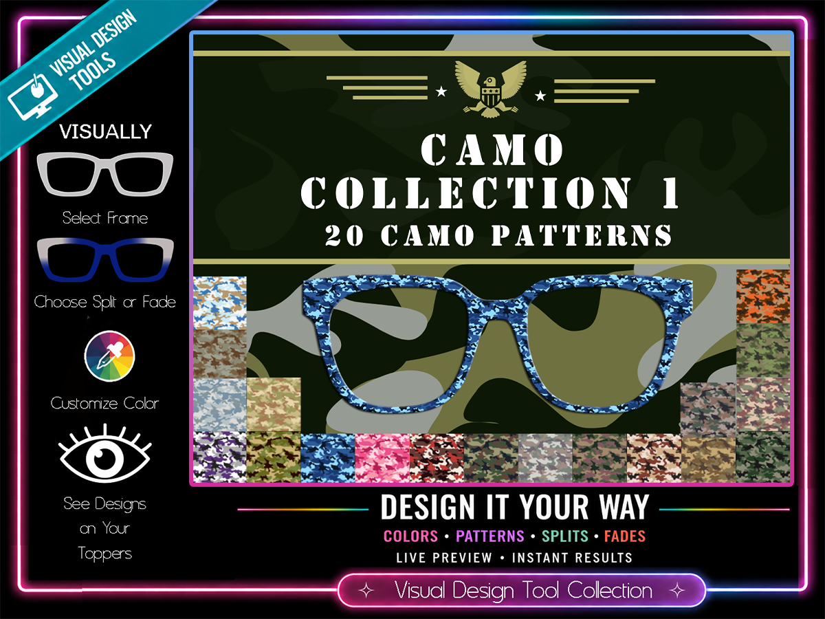 Camoflage Toppers | 20 Colorful Camo Options | w/ Visual Design Tools