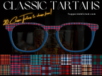 Glasses Front with plaid pattern and text about classic tartans on a black background