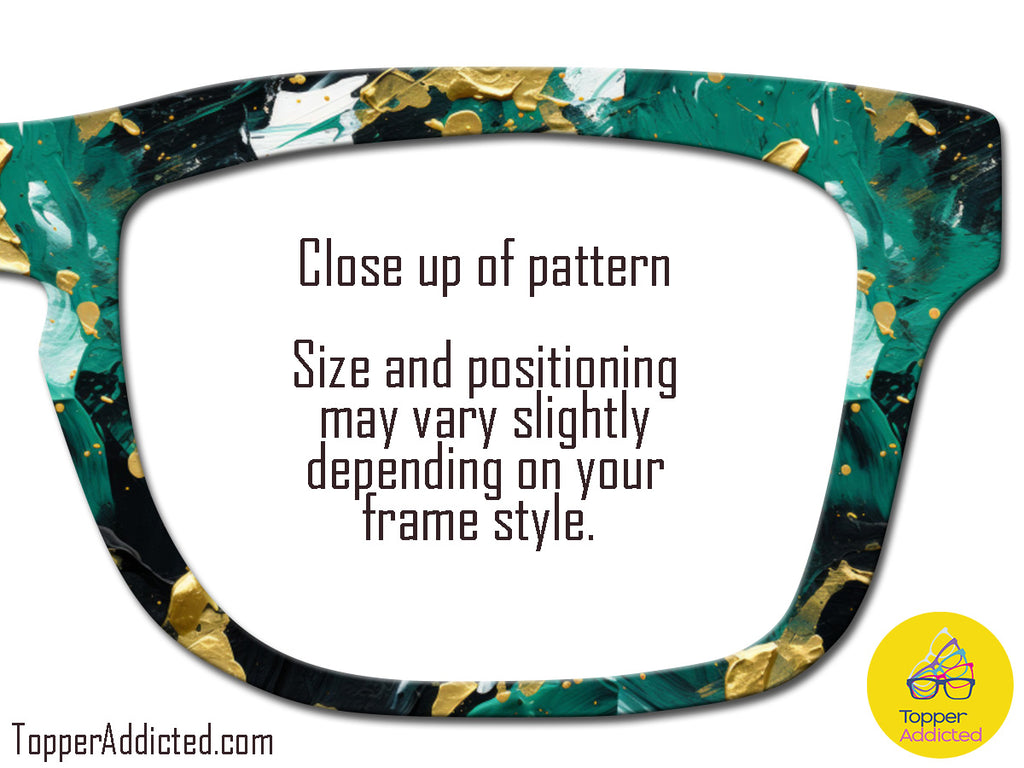 Close-up of a green and gold oil paint patterned eyeglass frame with text overlay.