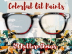 Pair of eyeglasses with colorful oil paint patterns and text about pattern choices on a textured background.