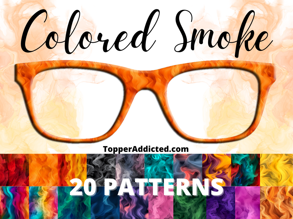 Glasses with colored smoke design and 'TopperAddicted.com' branding on a colorful smoke pattern background.