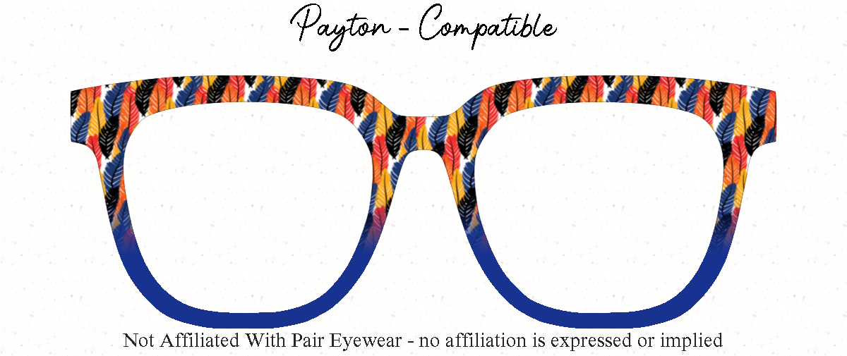 Colorful  freather eyeglass frame with 'Payton Compatible' text on a white background