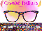 Colorful feather-patterned glasses with a colorful background and text about pattern choices.