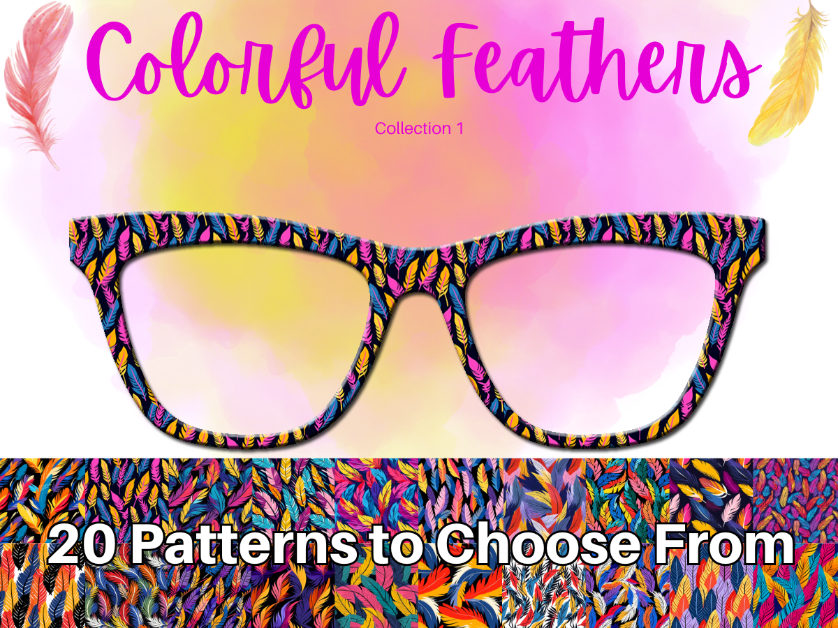 Colorful feather-patterned glasses with a colorful background and text about pattern choices.