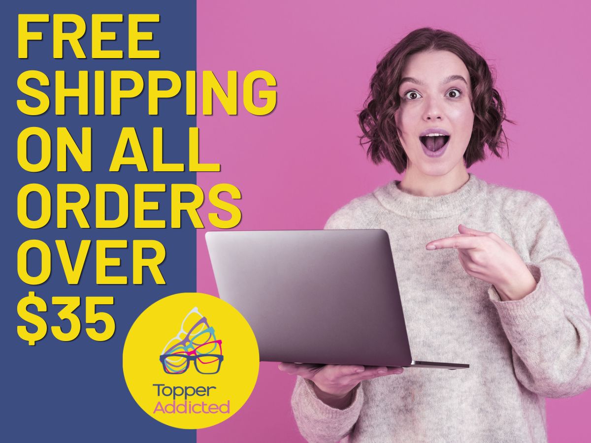 Person holding a laptop with promotional text for free shipping on orders over $35, featuring the brand 'Topper Addicted'.