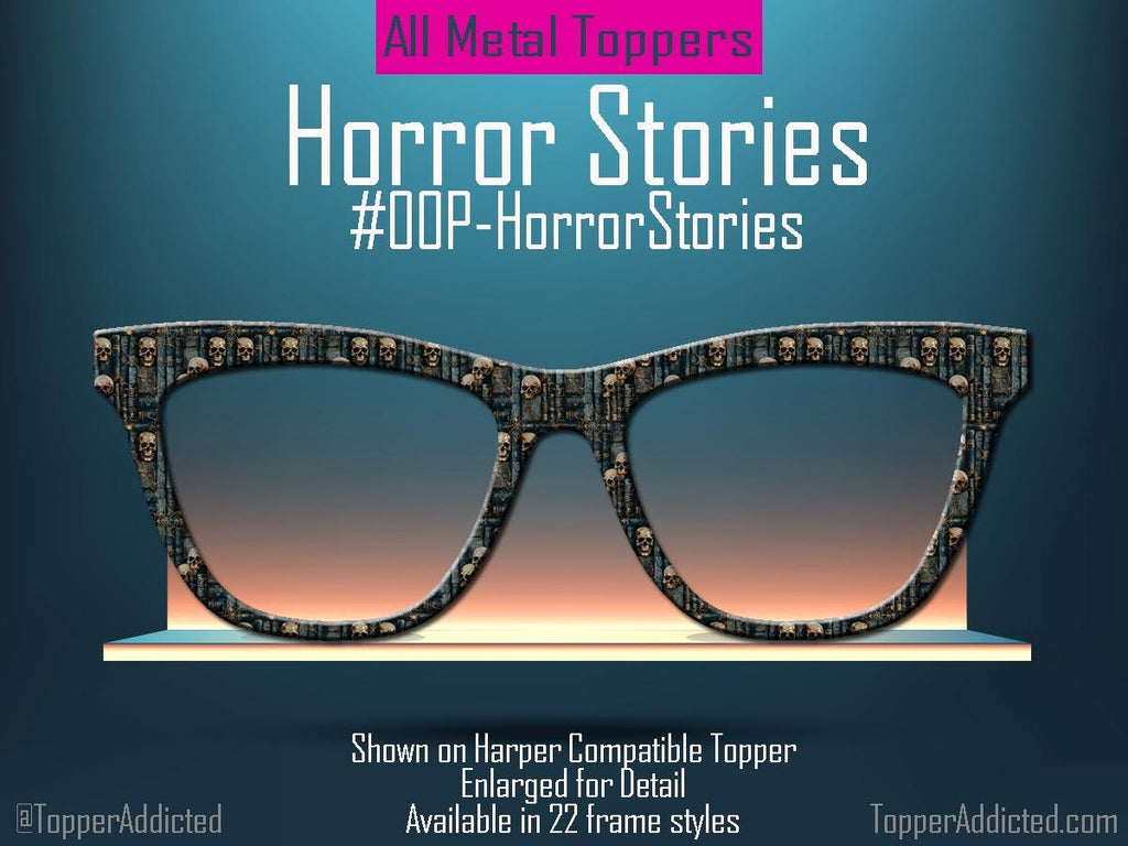 Horror Stories Metal Topper | Skulls & Books Magnetic Eyewear Topper | Fits All Pair Eyewear Frames | Goth Toppers - Spooky fast shipping