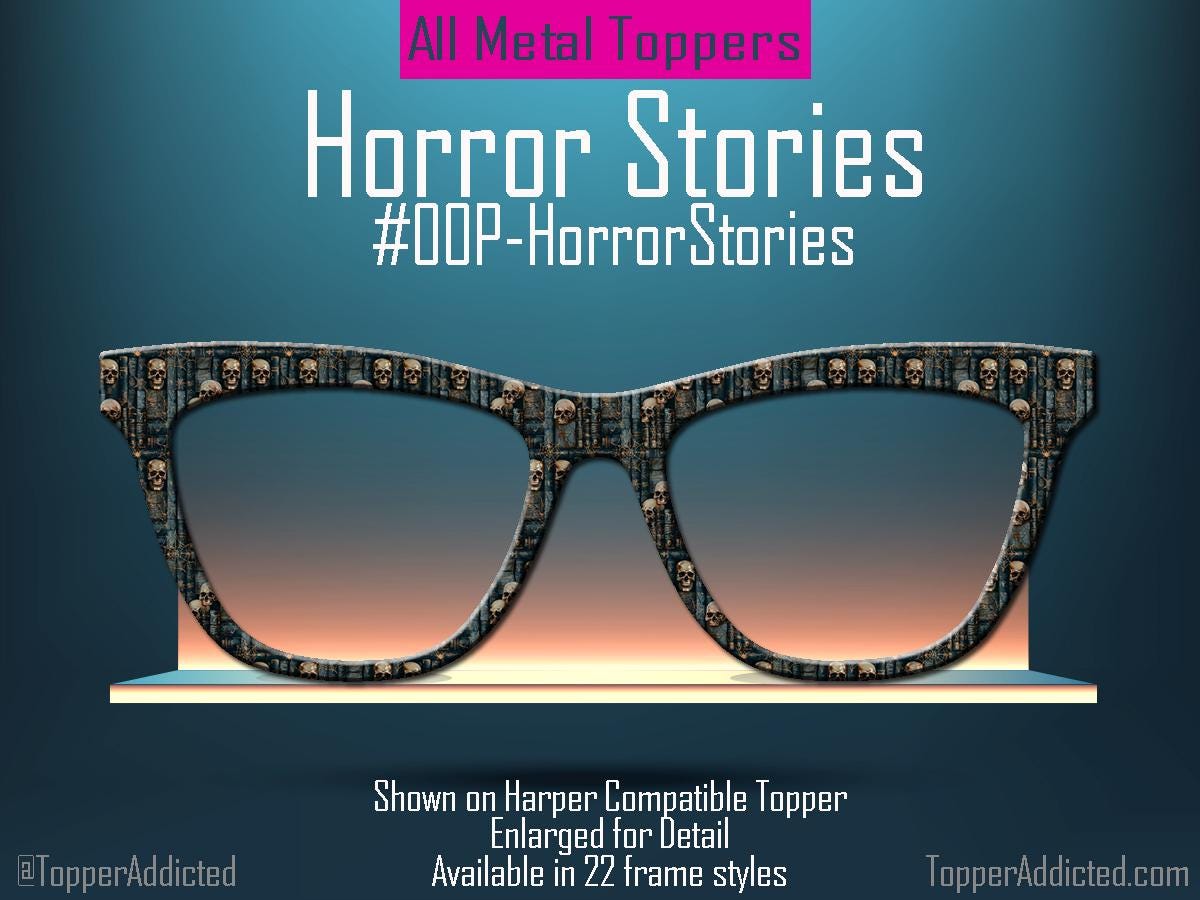 Horror Stories Metal Topper | Skulls & Books Magnetic Eyewear Topper | Fits All Pair Eyewear Frames | Goth Toppers - Spooky fast shipping