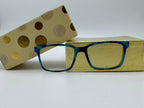 Blue smoke swirled framed glasses on a gold box with polka dots