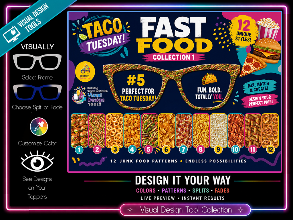 Junk Food Toppers- 12 Fast Food Patterns for Pair Eyewear w/ Visual Design Tools