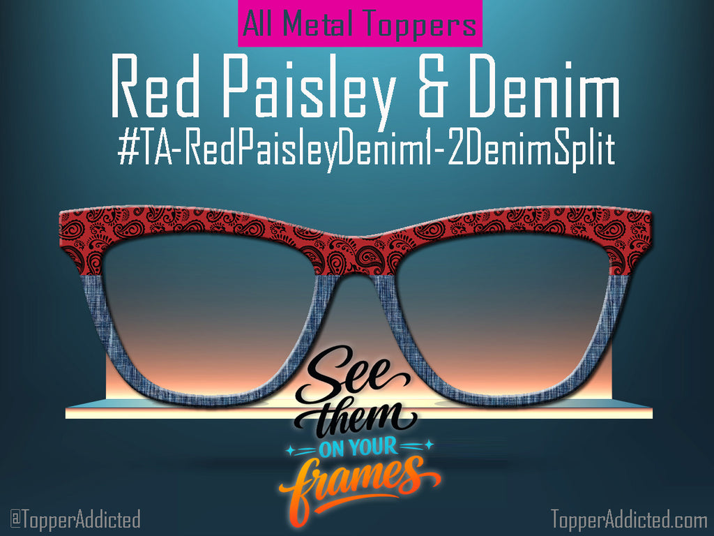 Red Bandana Paisley With Denim Split/Fade Options | Magnetic Glasses Topper | All Metal Topper for Pair Eyewear | 8 Fade and Split Options to Denim/Red or Black