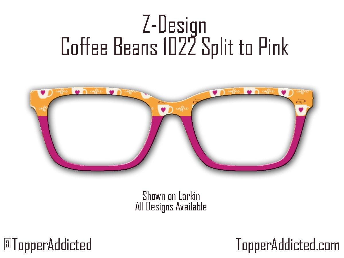 Topper for Pair Eyewear printed with Coffee Cups and Pink Hearts against a Sunset Orange background on the top and pink split on the bottom.