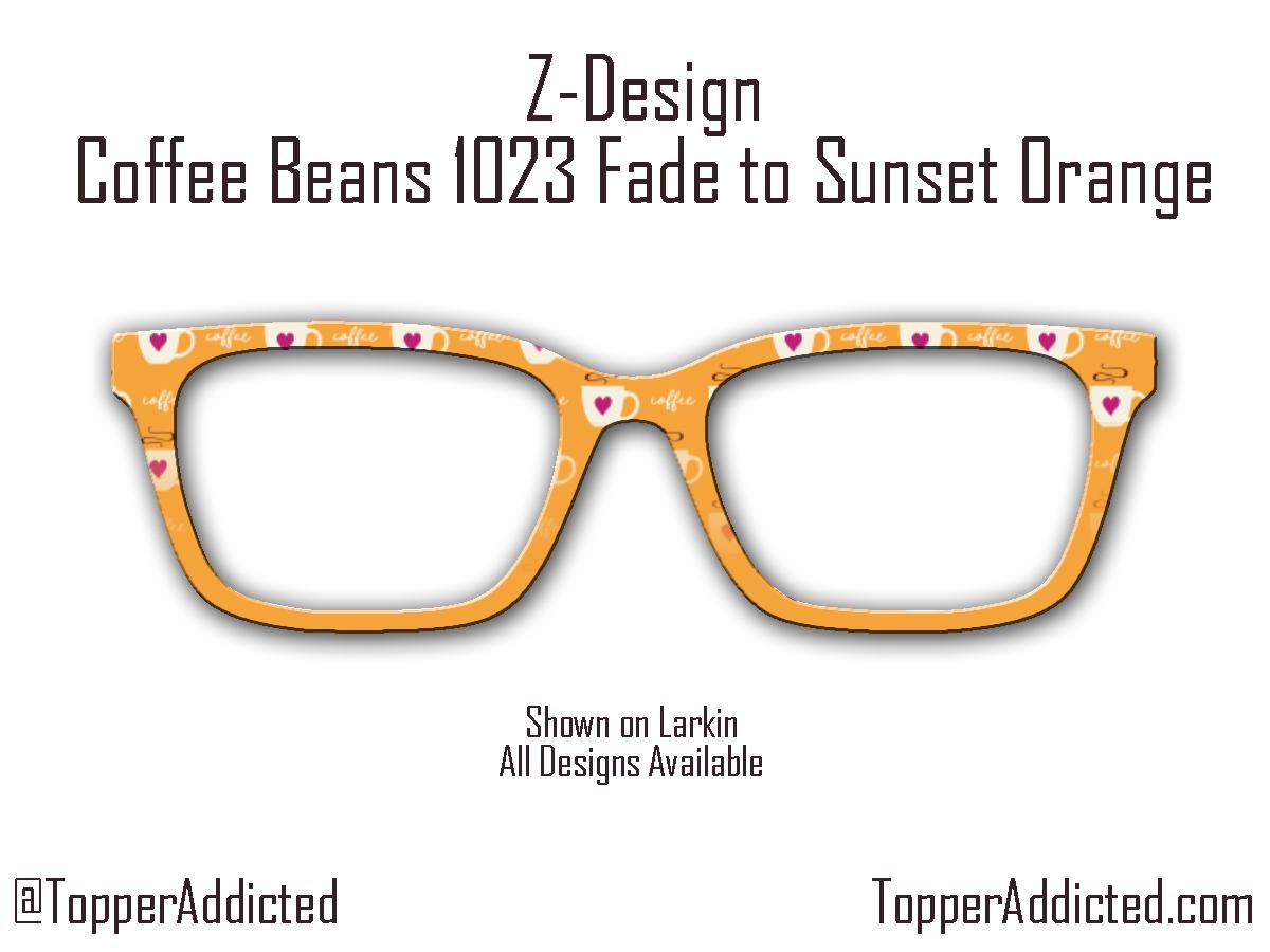 Topper for Pair Eyewear printed with Coffee Cups and Pink Hearts against a Sunset Orange background on the top and a fade to the background color on the bottom half.