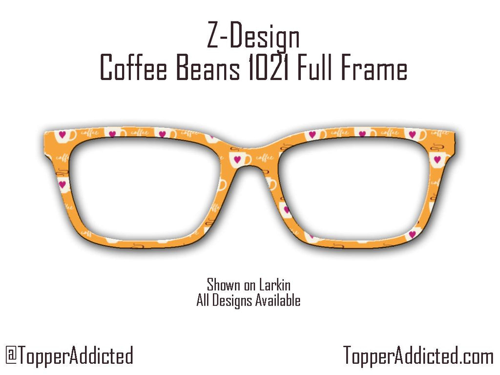 Coffee cup with Pink Heart and the word "coffee" printed against a Sunset Orange background on a pair of magnetic toppers for Pair Eyewear.