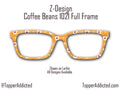 Coffee cup with Pink Heart and the word "coffee" printed against a Sunset Orange background on a pair of magnetic toppers for Pair Eyewear.