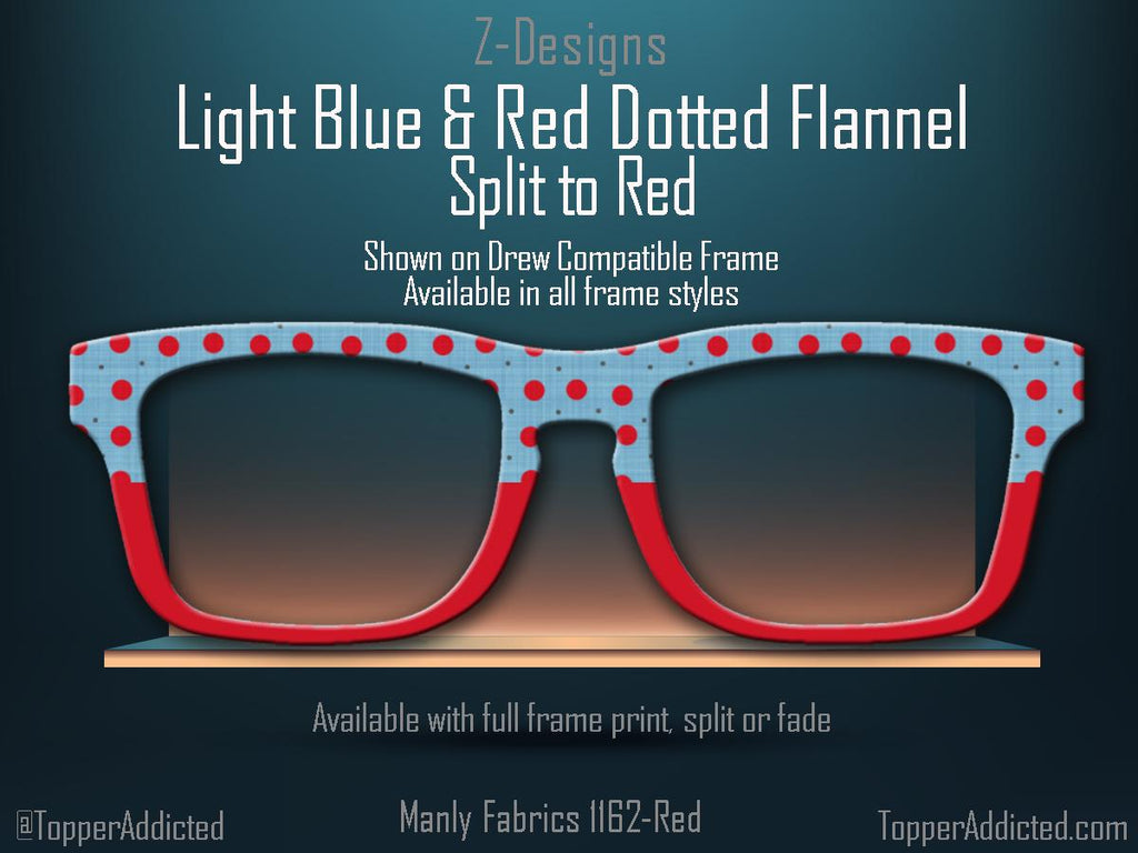 Light Blue and Red Dotted Masculine Fabric Print - Pair Eyewear Compatible Magnetic Toppers - All Frame Styles on Metal. Fast Delivery.