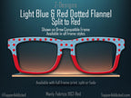 Light Blue and Red Dotted Masculine Fabric Print - Pair Eyewear Compatible Magnetic Toppers - All Frame Styles on Metal. Fast Delivery.