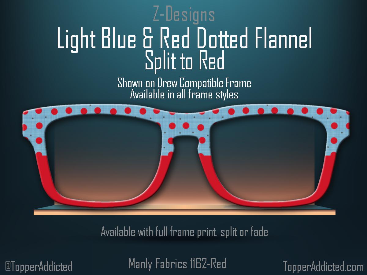 Light Blue and Red Dotted Masculine Fabric Print - Pair Eyewear Compatible Magnetic Toppers - All Frame Styles on Metal. Fast Delivery.