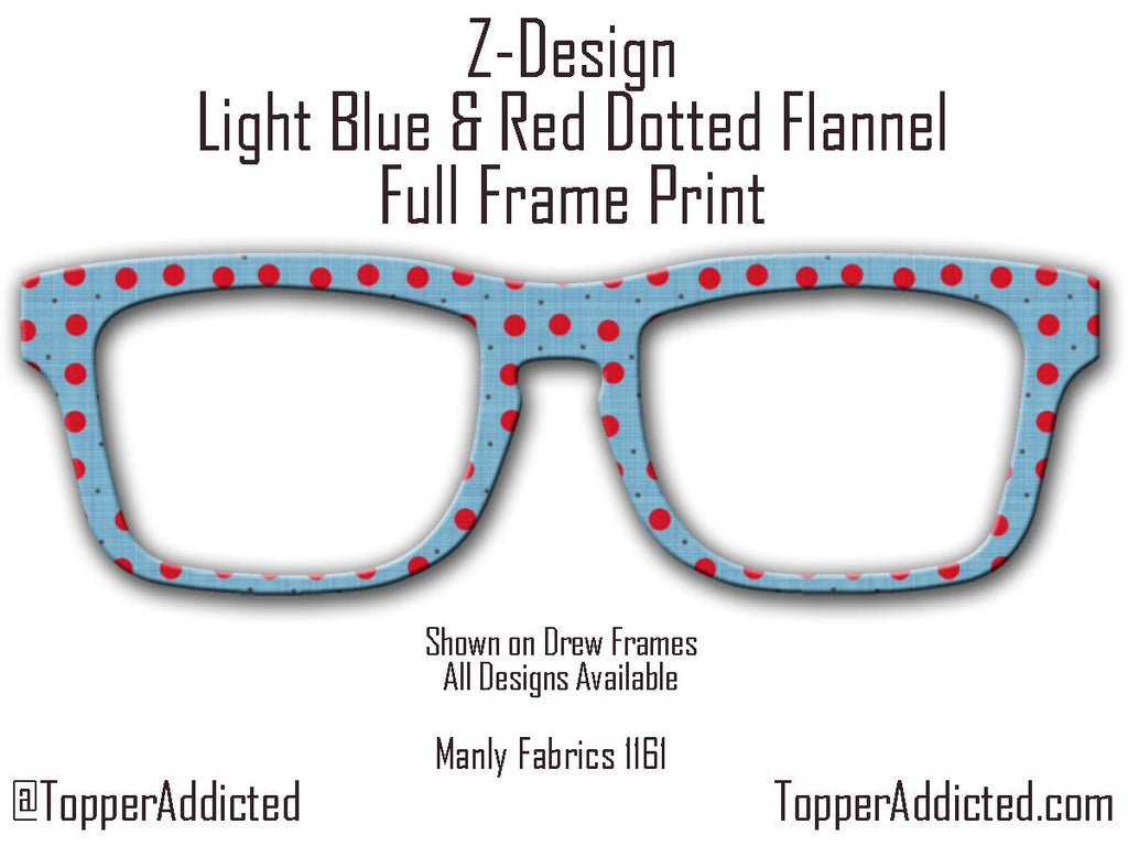 Light Blue and Red Dotted Masculine Fabric Print - Pair Eyewear Compatible Magnetic Toppers - All Frame Styles on Metal. Fast Delivery.
