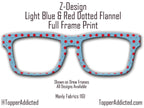 Light Blue and Red Dotted Masculine Fabric Print - Pair Eyewear Compatible Magnetic Toppers - All Frame Styles on Metal. Fast Delivery.
