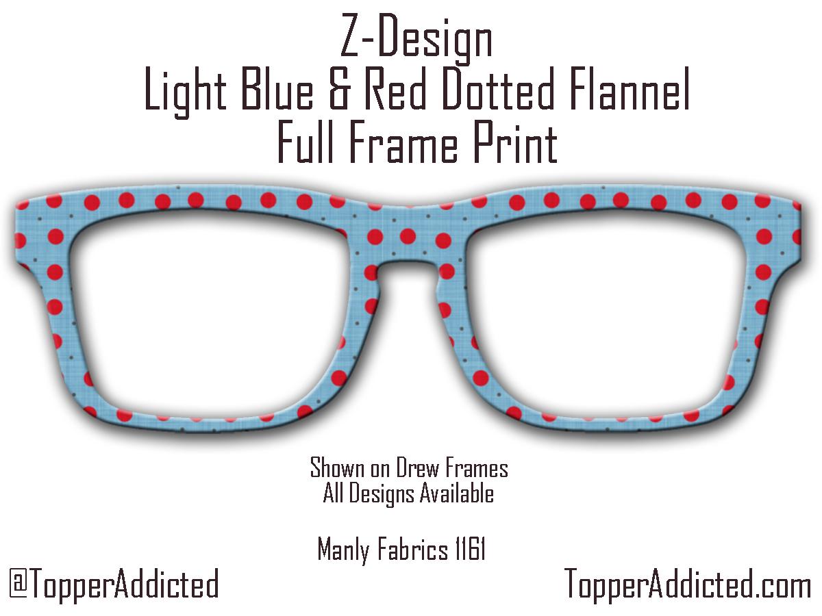 Light Blue and Red Dotted Masculine Fabric Print - Pair Eyewear Compatible Magnetic Toppers - All Frame Styles on Metal. Fast Delivery.