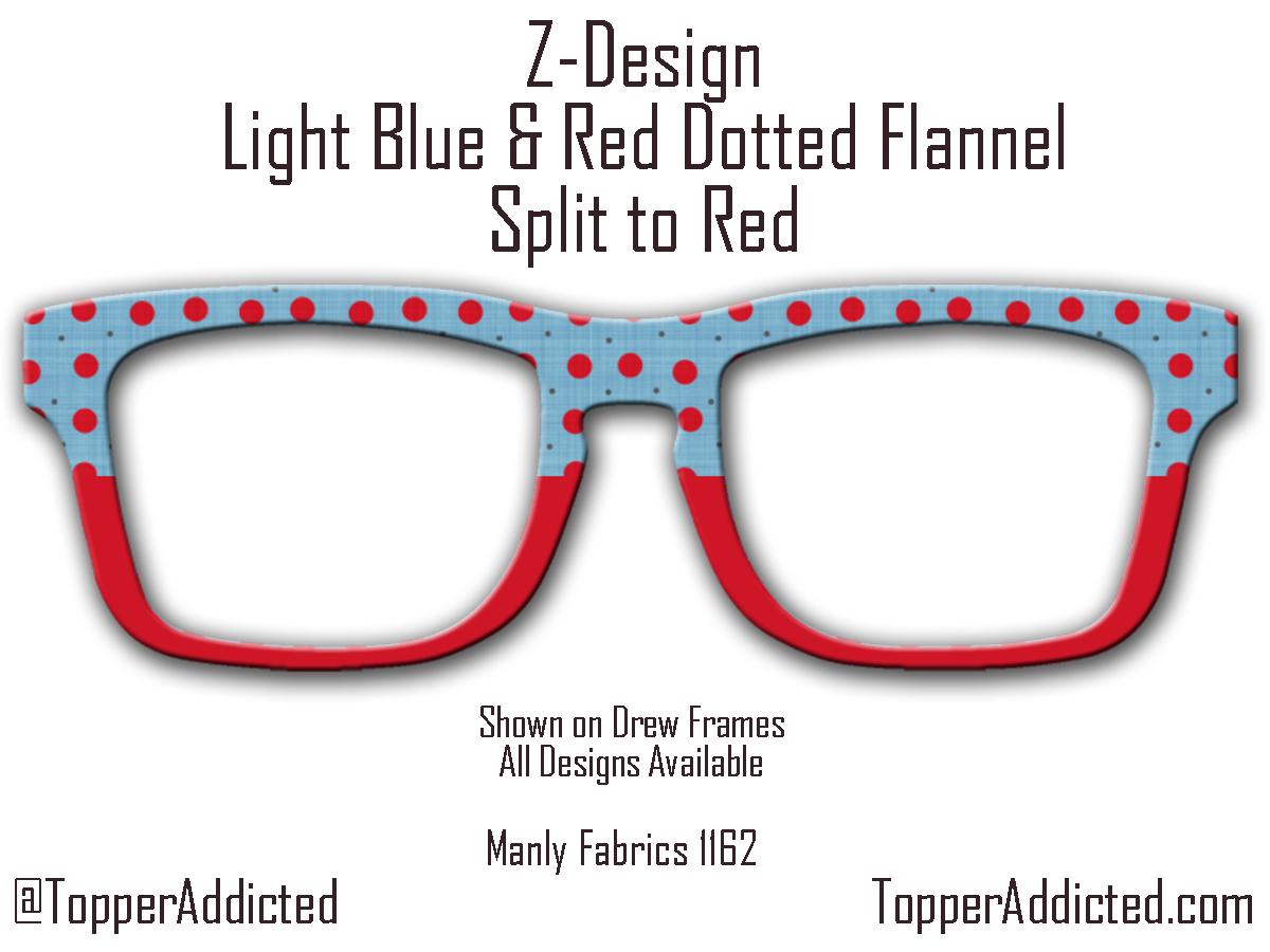Light Blue and Red Dotted Masculine Fabric Print - Pair Eyewear Compatible Magnetic Toppers - All Frame Styles on Metal. Fast Delivery.