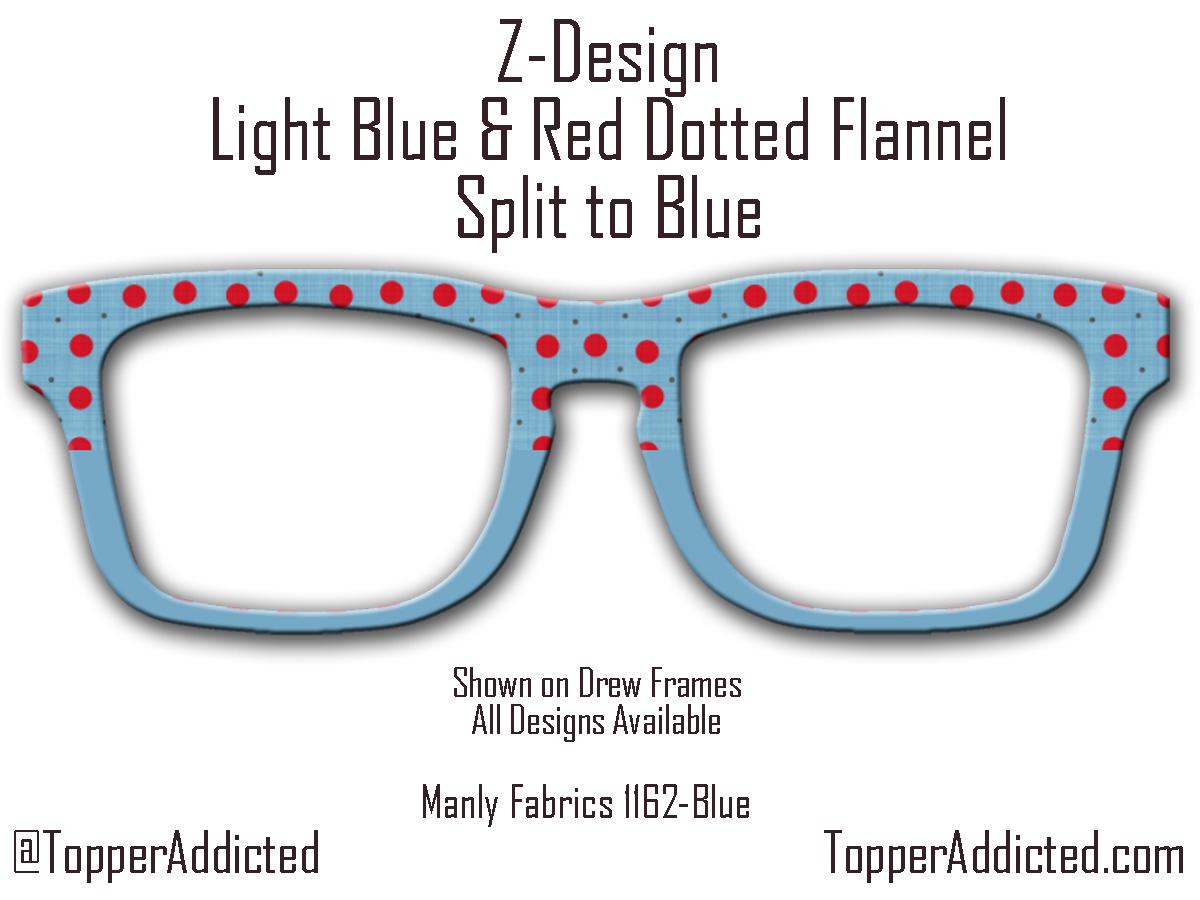 Light Blue and Red Dotted Masculine Fabric Print - Pair Eyewear Compatible Magnetic Toppers - All Frame Styles on Metal. Fast Delivery.