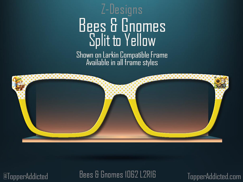 Bees & Gnomes Honey Yellow with Split for Pair Eyewear Compatible Magnetic Metal Toppers - All Frames Styles Available