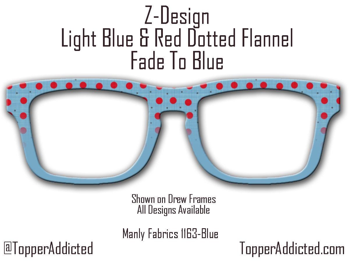 Light Blue and Red Dotted Masculine Fabric Print - Pair Eyewear Compatible Magnetic Toppers - All Frame Styles on Metal. Fast Delivery.