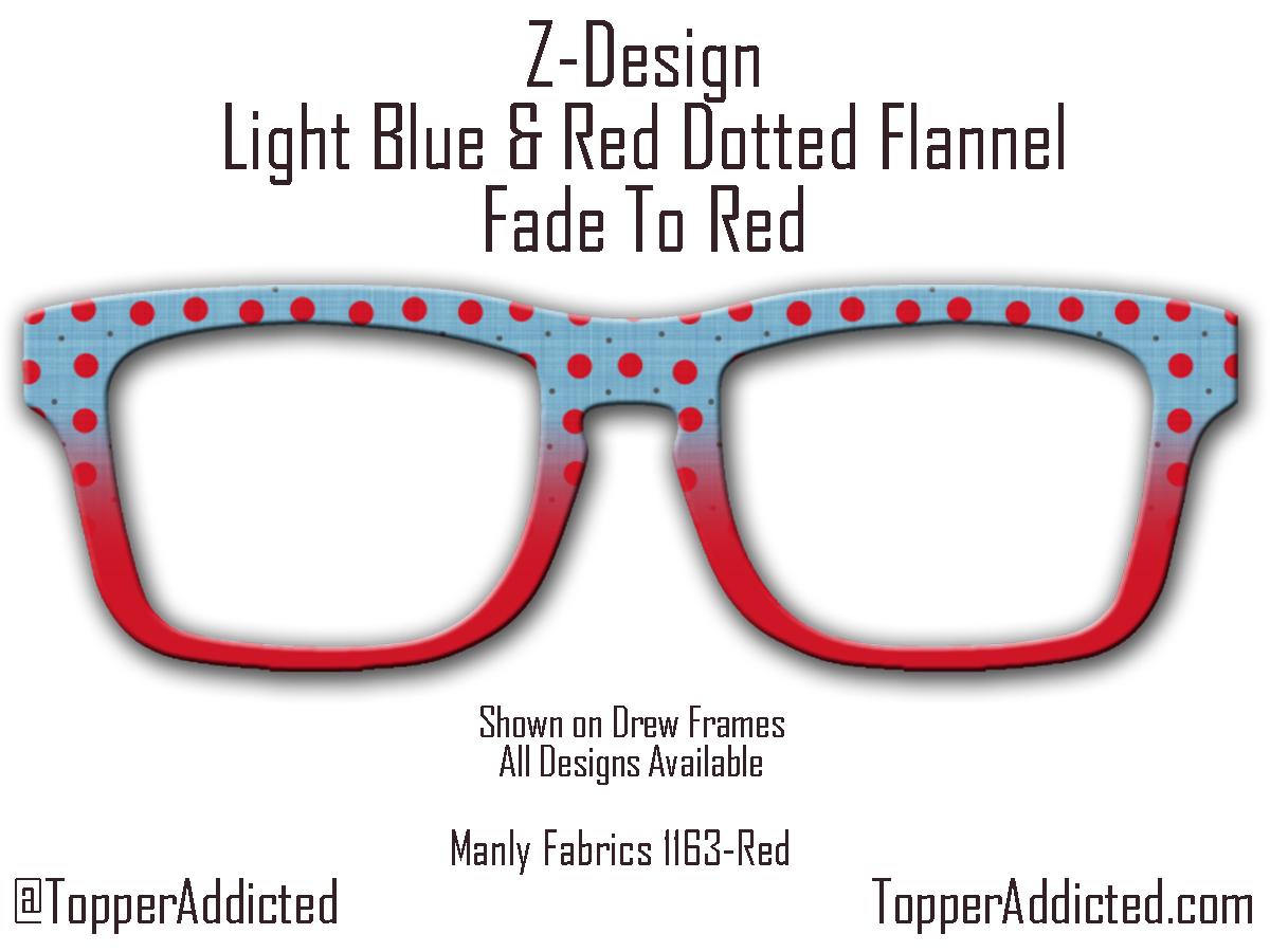 Light Blue and Red Dotted Masculine Fabric Print - Pair Eyewear Compatible Magnetic Toppers - All Frame Styles on Metal. Fast Delivery.