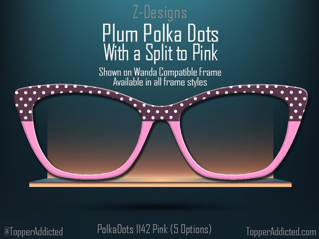 Plum with White Polka Dots and Multiple Design Options - Pair Eyewear Compatible Magnetic Toppers - All Top Frames on lightweight metal