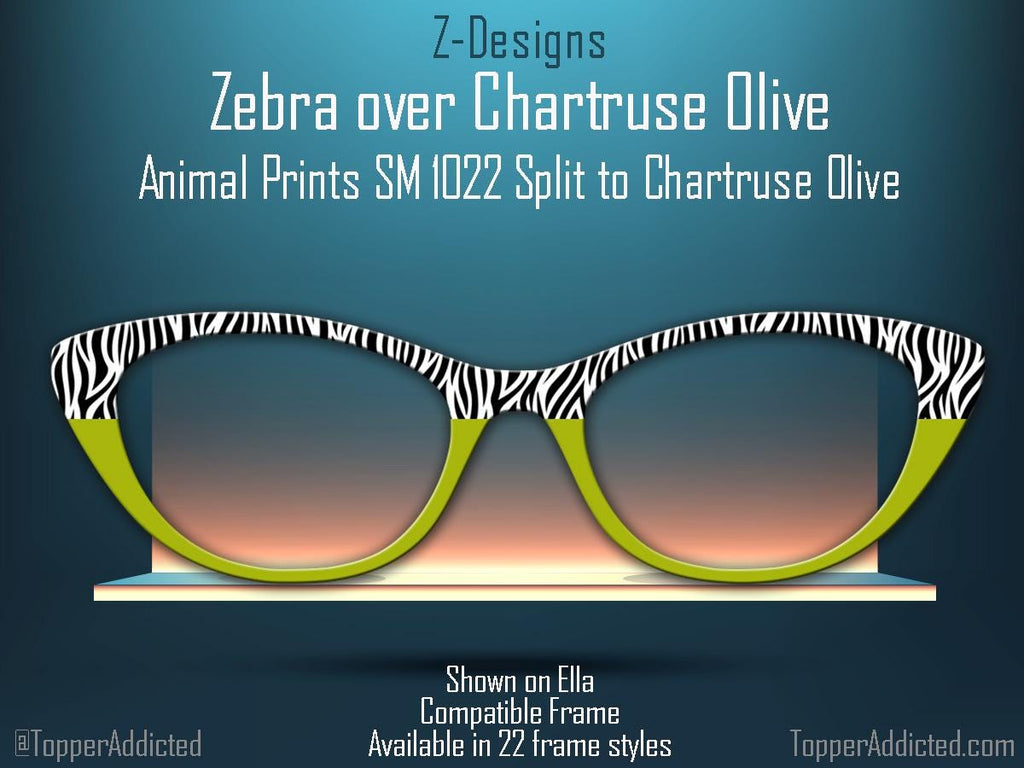 Zebra Print with Chartreuse Split - Pair Eyewear Compatible Magnetic Toppers - All Frames Available Top Frames on Metal
