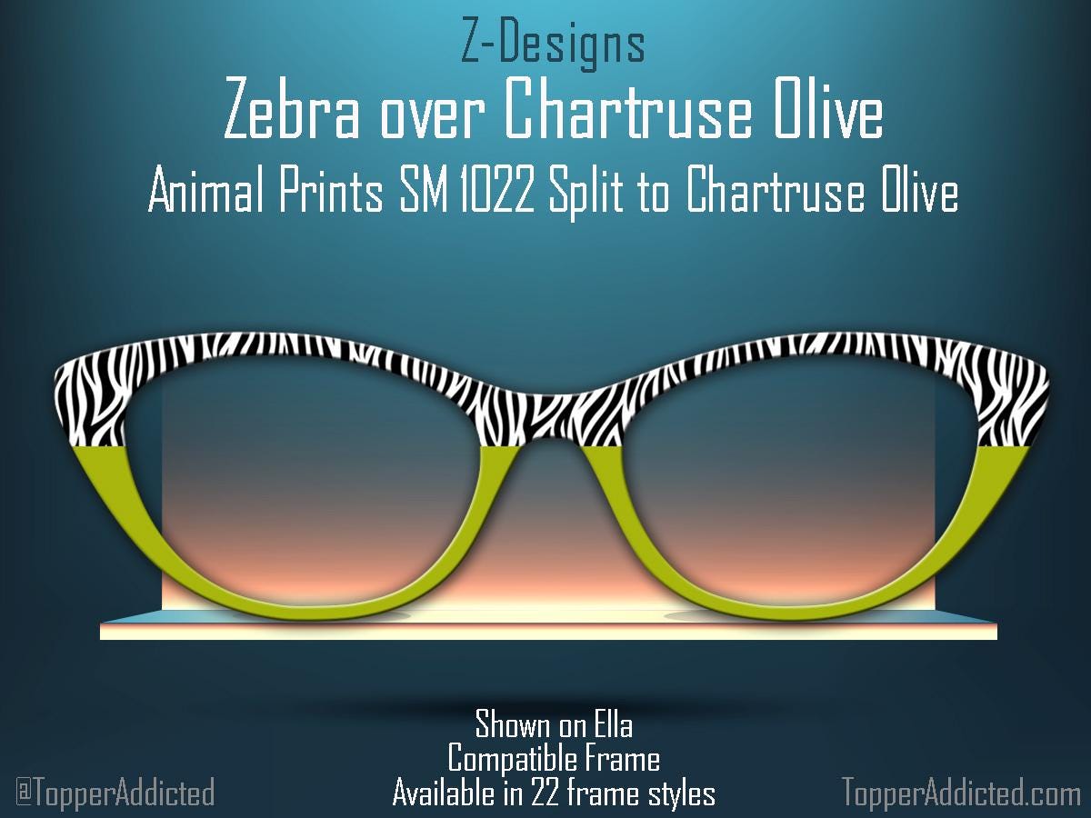 Zebra Print with Chartreuse Split - Pair Eyewear Compatible Magnetic Toppers - All Frames Available Top Frames on Metal