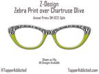 Zebra Print with Chartreuse Split - Pair Eyewear Compatible Magnetic Toppers - All Frames Available Top Frames on Metal