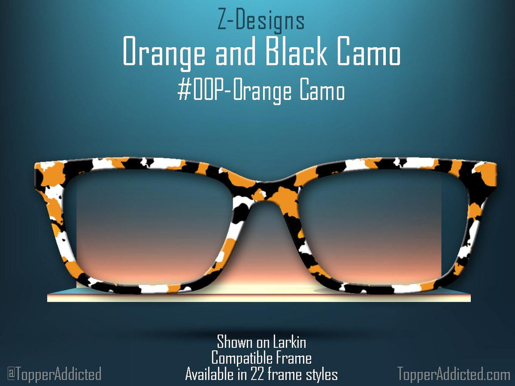 Orange, Black & White Camouflage - Camo Print - Pair Eyewear Compatible Magnetic Toppers - All Top Frames Available on metal - Fast Shipping