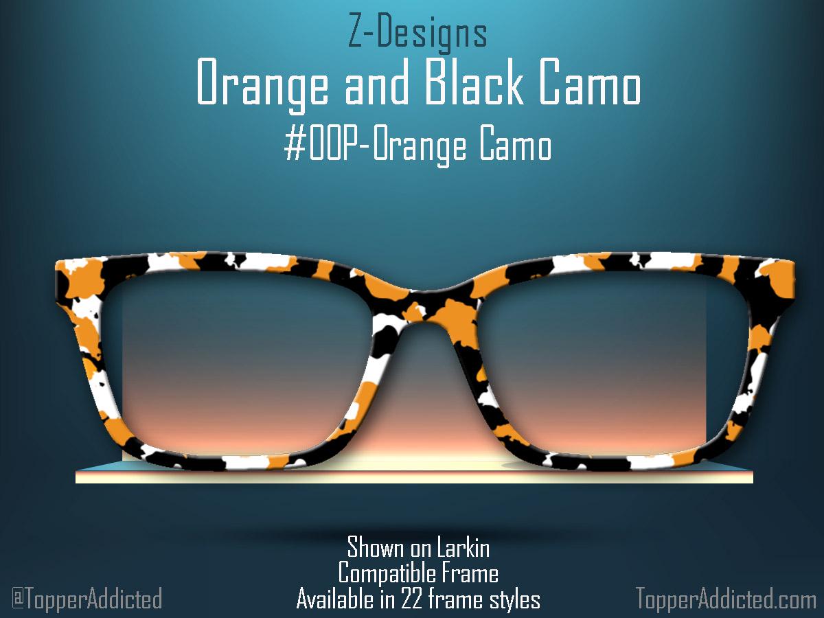 Orange, Black & White Camouflage - Camo Print - Pair Eyewear Compatible Magnetic Toppers - All Top Frames Available on metal - Fast Shipping