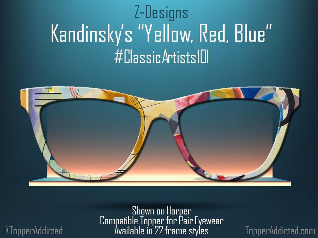 Classic Abstract Art on Pair Eyewear Compatible Toppers - Kandinsky's "Yellow, Red, Blue" magnetic metal topper. Fast Shipping from Texas