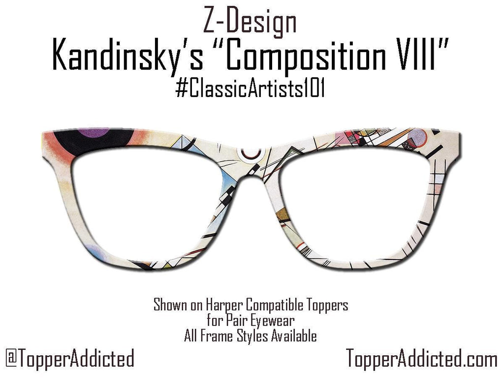 Funky and Bright Abstract Art on Pair Eyewear Compatible Toppers - Kandinsky's "Composition VIII" magnetic metal topper. Fast Ship from USA