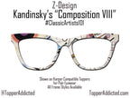 Funky and Bright Abstract Art on Pair Eyewear Compatible Toppers - Kandinsky's "Composition VIII" magnetic metal topper. Fast Ship from USA