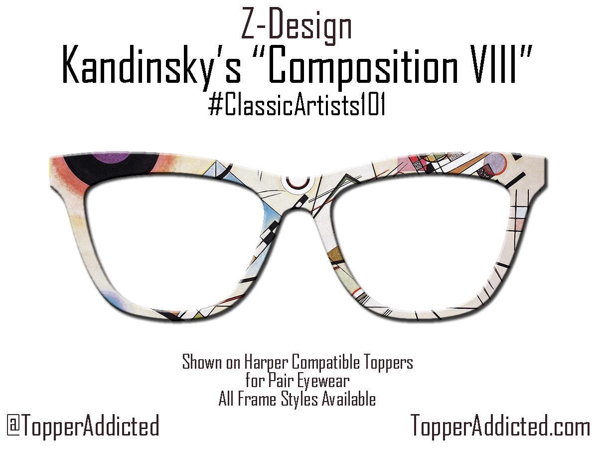 Funky and Bright Abstract Art on Pair Eyewear Compatible Toppers - Kandinsky's "Composition VIII" magnetic metal topper. Fast Ship from USA