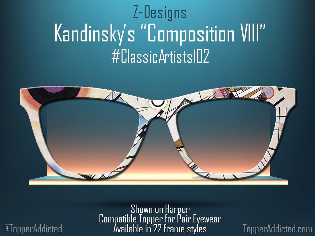 Funky and Bright Abstract Art on Pair Eyewear Compatible Toppers - Kandinsky's "Composition VIII" magnetic metal topper. Fast Ship from USA
