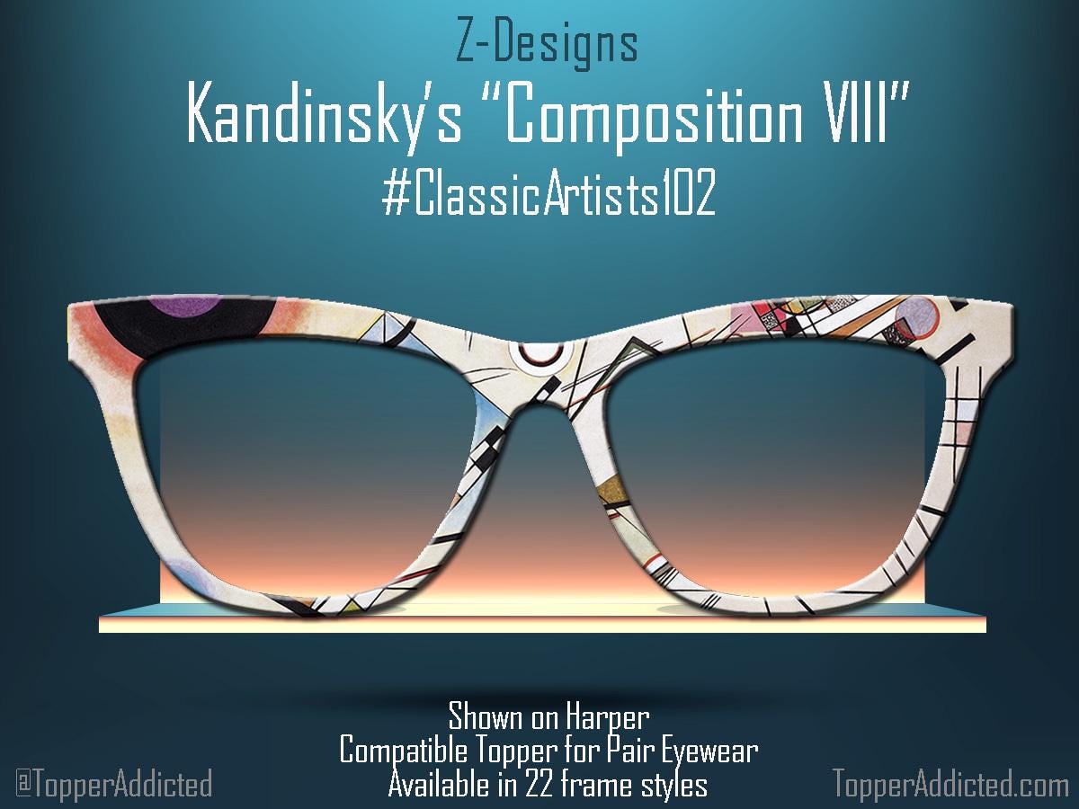 Funky and Bright Abstract Art on Pair Eyewear Compatible Toppers - Kandinsky's "Composition VIII" magnetic metal topper. Fast Ship from USA