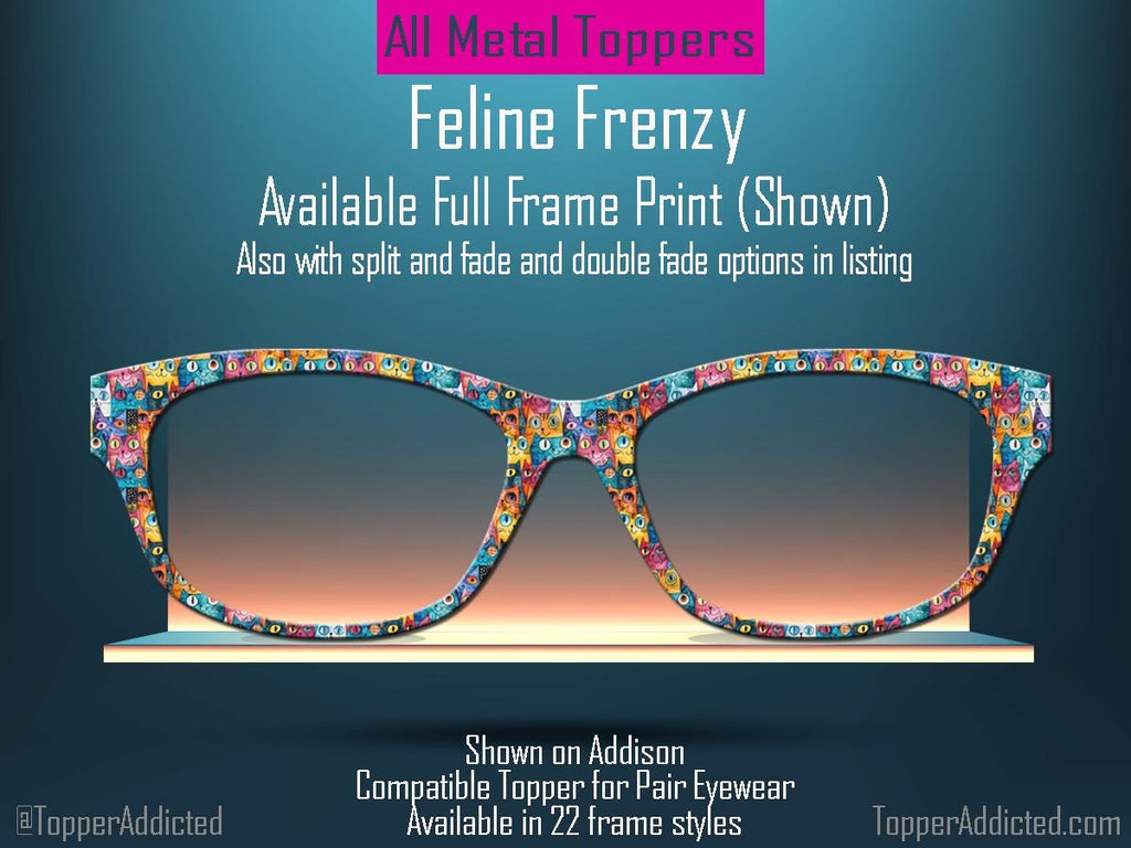 Feline Frenzy Pair Eyewear Compatible Magnetic Toppers – Colorful Cat Pattern, Fast Shipping, Custom Toppers Purrfect Gift for Cat Lovers!