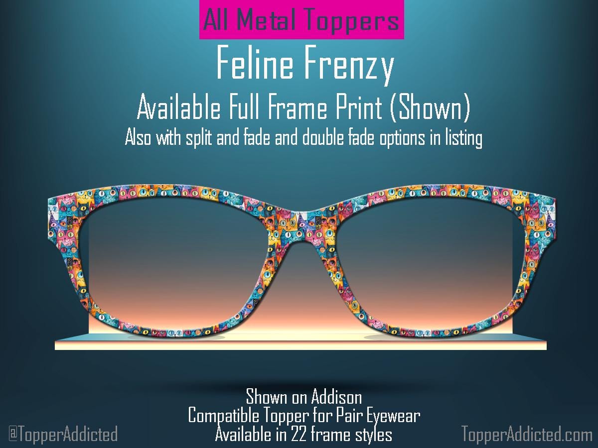 Feline Frenzy Pair Eyewear Compatible Magnetic Toppers – Colorful Cat Pattern, Fast Shipping, Custom Toppers Purrfect Gift for Cat Lovers!