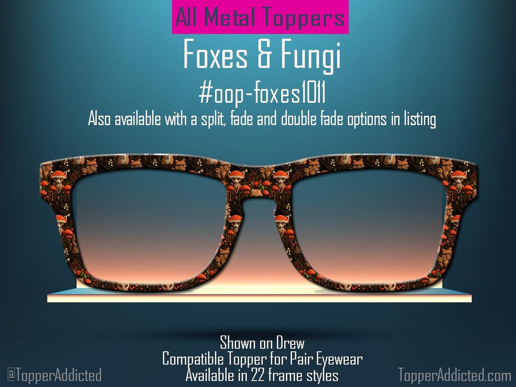 Fox & Fungi - Woodland Fox + Mushroom Pattern Metal Magnetic Eyewear Topper for Pair Eyewear Top Frames - Cottagecore