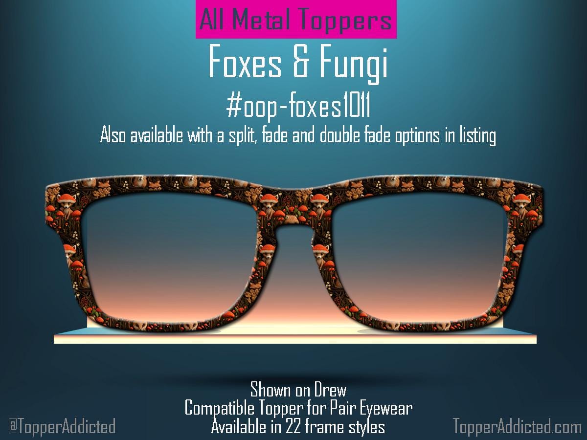Fox & Fungi - Woodland Fox + Mushroom Pattern Metal Magnetic Eyewear Topper for Pair Eyewear Top Frames - Cottagecore