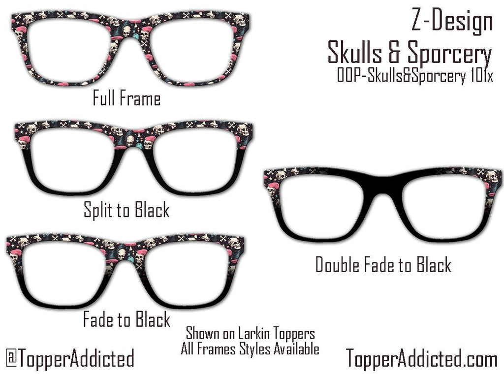 Skulls and Sporcery – Gothic Witchcore Mushroom and Skull Pattern Toppers for Pair Eyewear | Spooky Top Frames with Options. Fast Ship