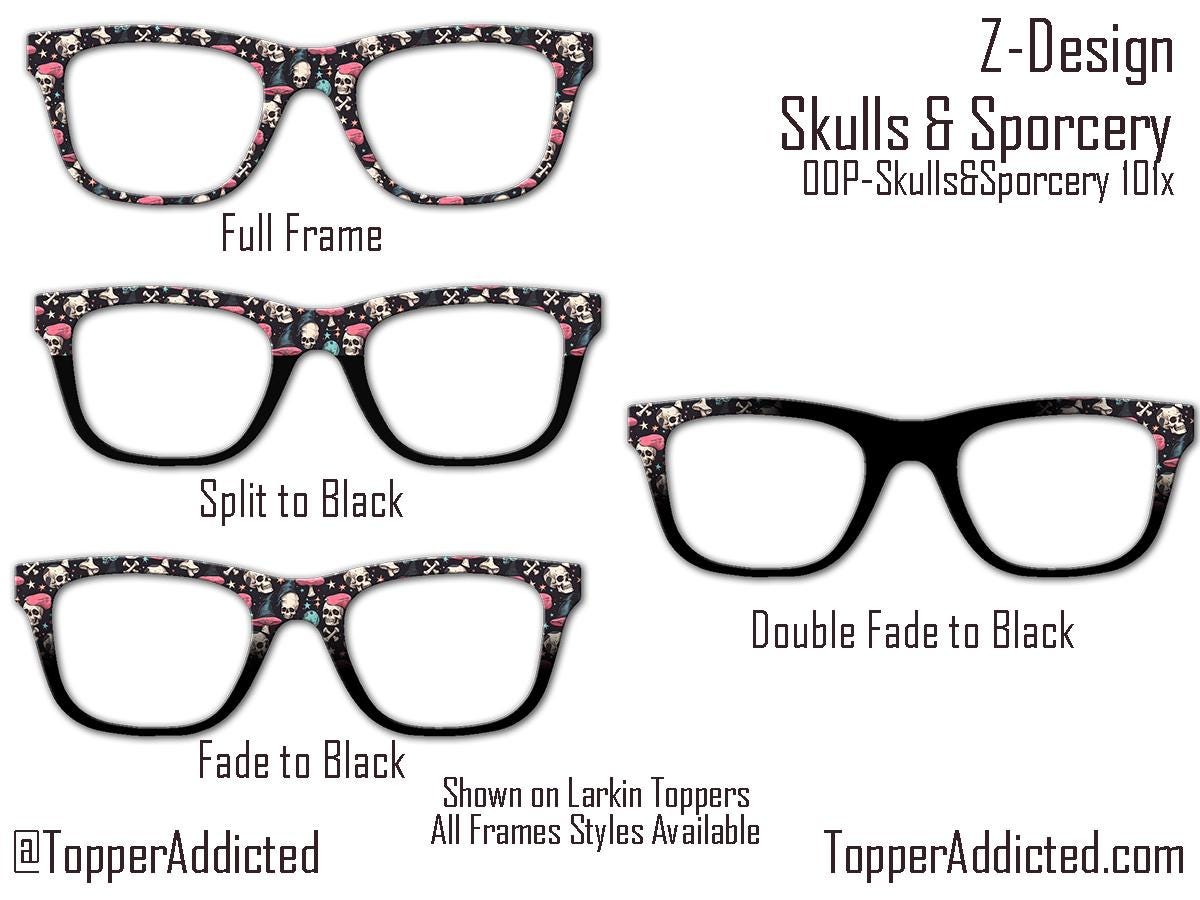 Skulls and Sporcery – Gothic Witchcore Mushroom and Skull Pattern Toppers for Pair Eyewear | Spooky Top Frames with Options. Fast Ship